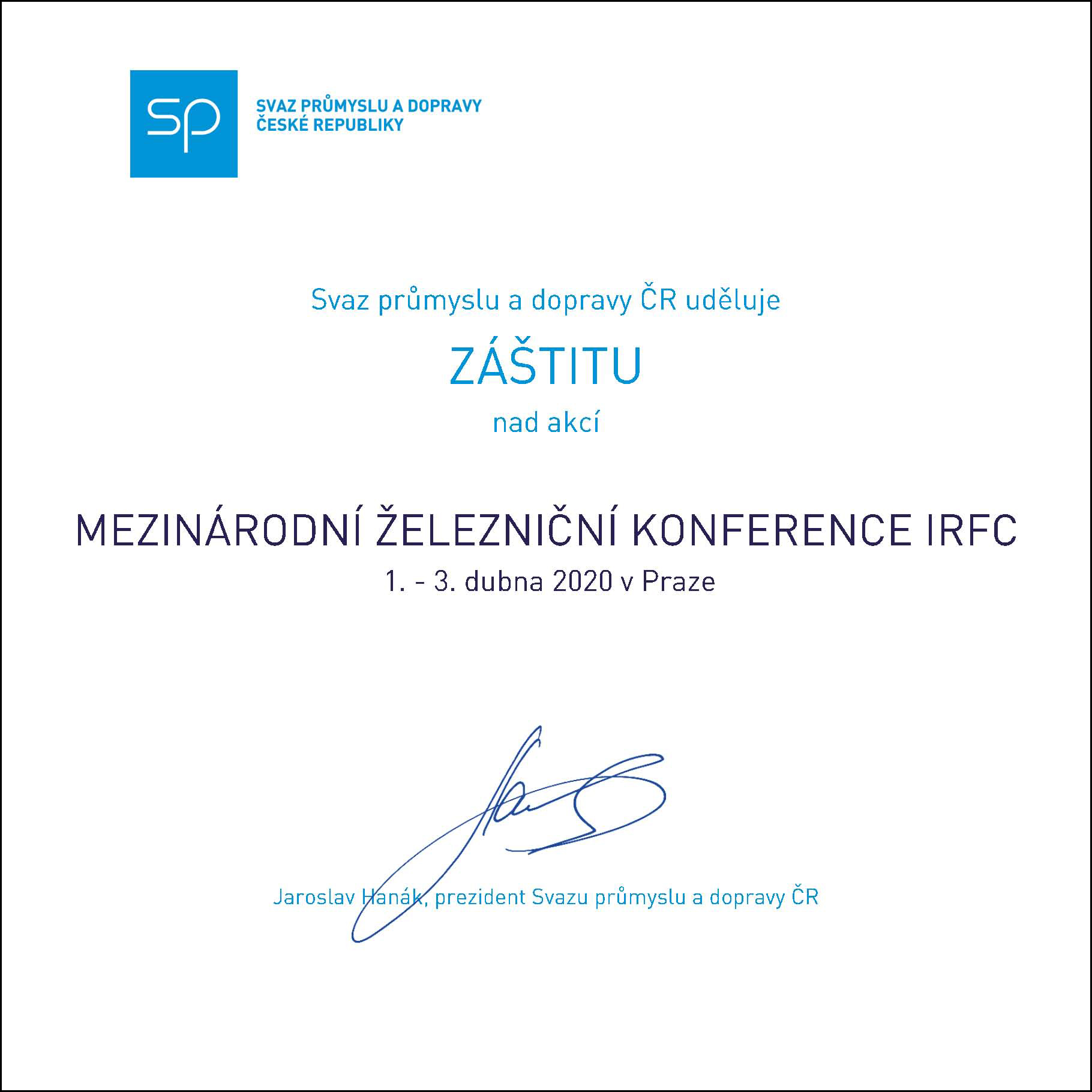 PARTNEREM konference IRFC 2020 se stal Svaz průmyslu a dopravy ČR